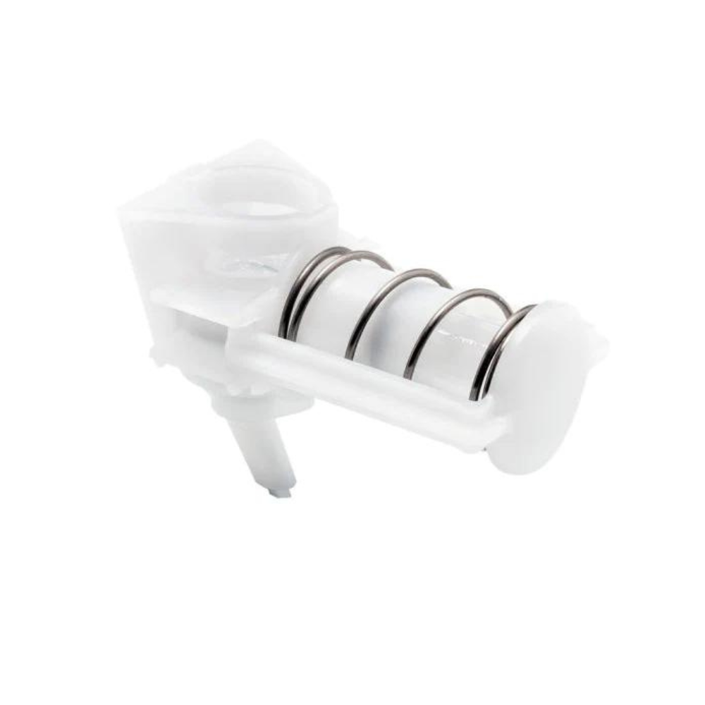 Billede af sæbedispenser pumpe til flydende sæbe som er en reservedel til myriad og opal sæbedispensere. Pumpen er hvid og på billedet ses en fjeder i stål.