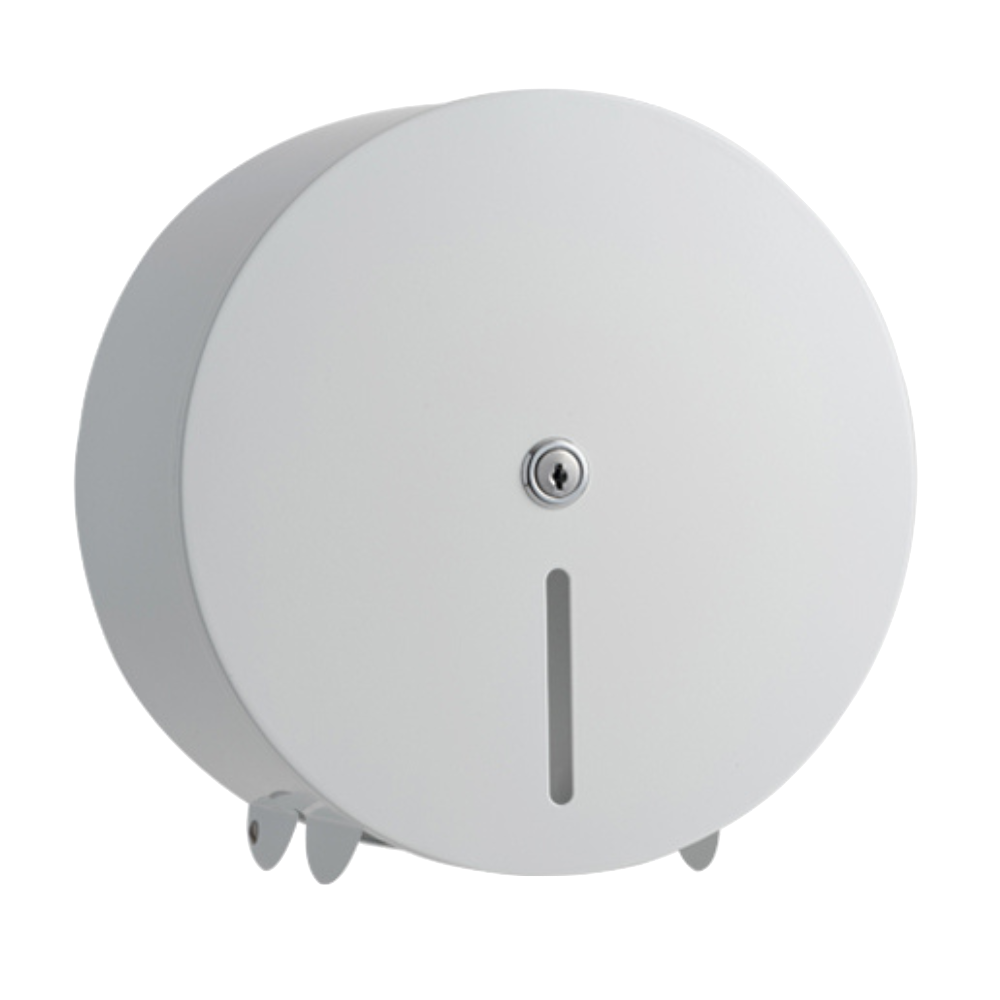 Billede af opal dispenser til jumboruller i hvid. Dispenseren har en rund form.